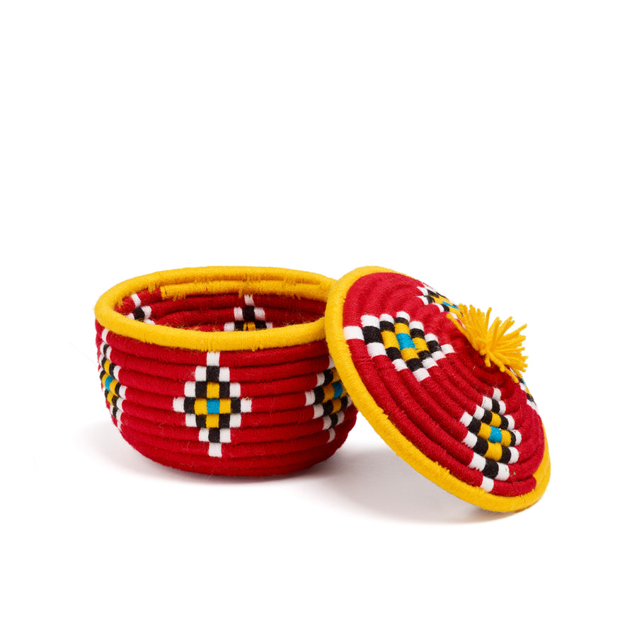 red and yellow khatoon round basket