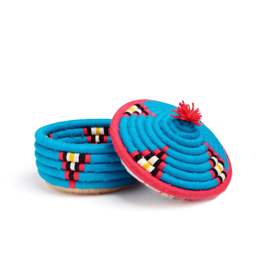 blue and pink valede round basket